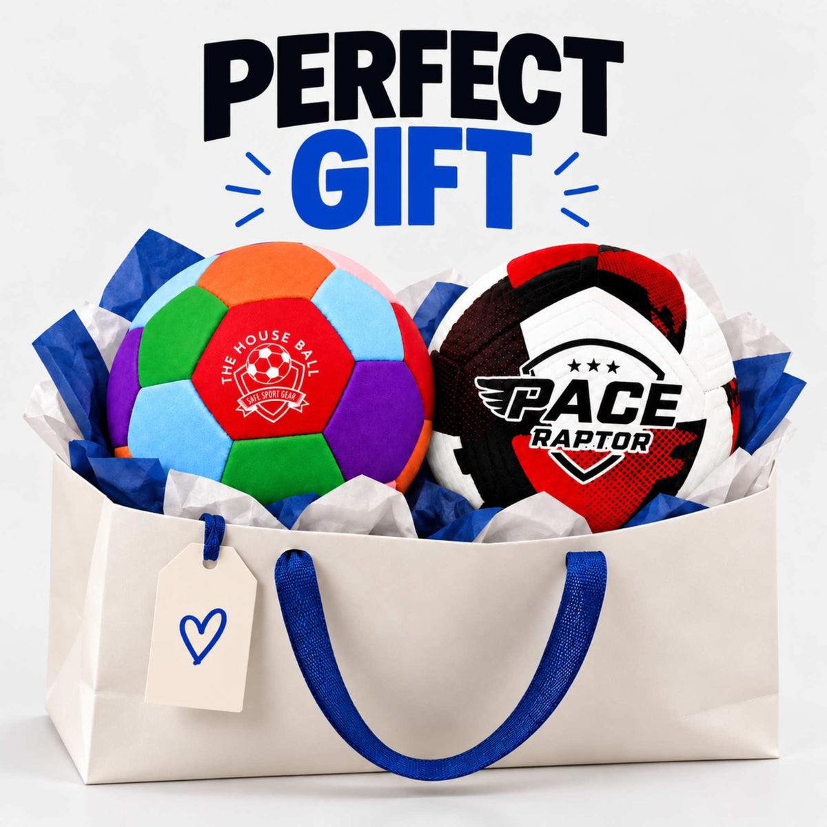 A gift basket set featuring two soccer balls, one multicolor and one black, red, and white with 'PACE RAPTOR' branding, presented in a cream paper bag with blue handles and a hanging tag, under the text 'PERFECT GIFT'.