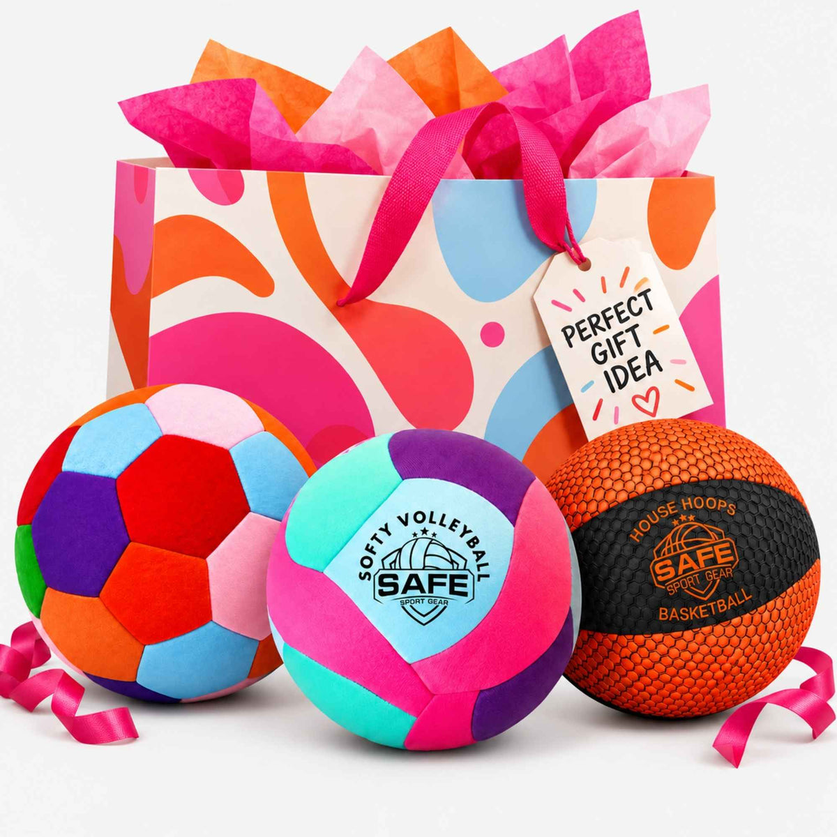 Multicolored house ball, and Softy volleyball teal, and orange-and-black House Hoops basketball in front of a gift bag labeled ‘Perfect Gift Idea.