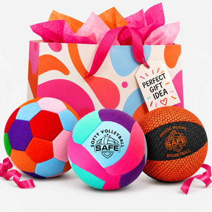 Multicolored house ball, and Softy volleyball teal, and orange-and-black House Hoops basketball in front of a gift bag labeled ‘Perfect Gift Idea.