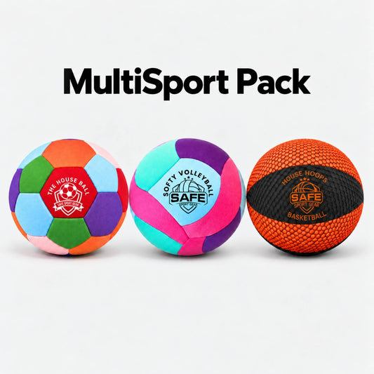 Three colorful sports balls displayed side by side under the text 'MultiSport Pack' on a light gray background. The left ball is house ball with orange, green, blue, pink, and purple panels and a red circular logo reading 'THE HOUSE BALL'.