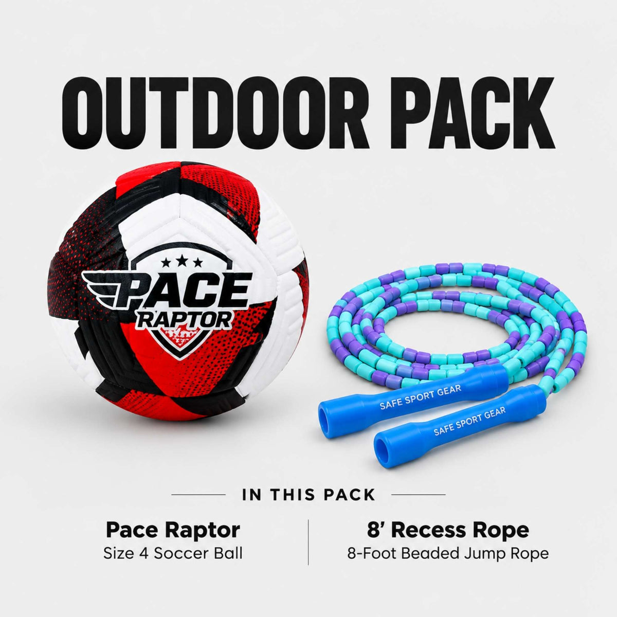 Outdoor sports pack featuring a Pace Raptor size 4 soccer ball and an 8-foot recessed jump rope on a light gray background with text detailing the contents.