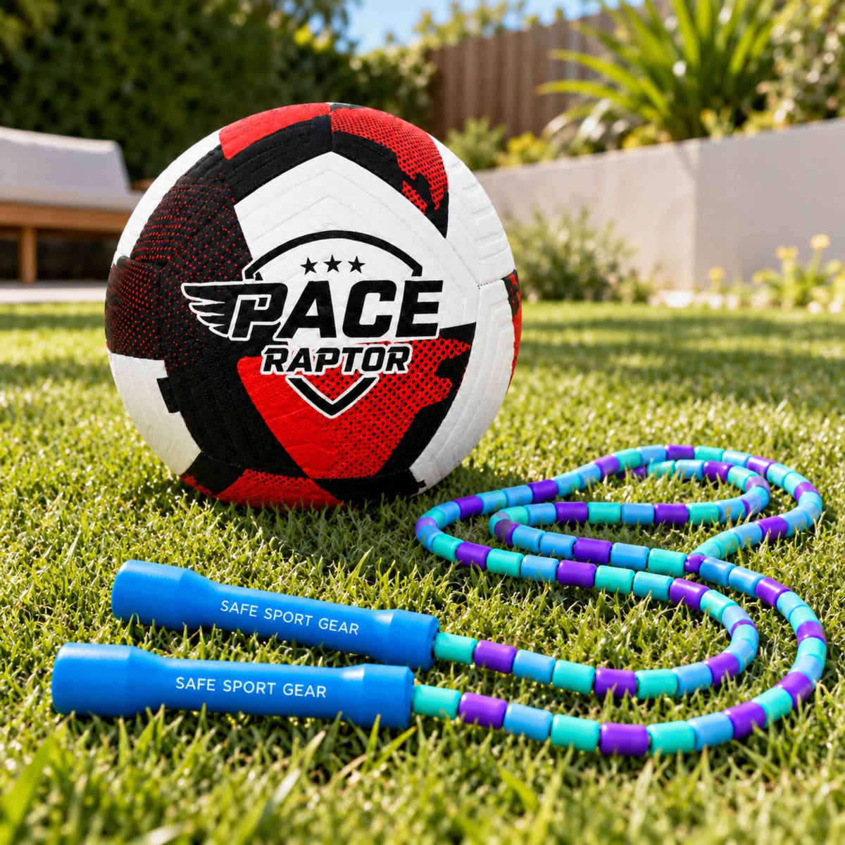 A soccer ball and a colorful jump rope displayed on green grass outdoors. The soccer ball is white, black, and red with the PACE Raptor logo, and the jump rope has blue handles and a blue, teal, and purple beaded cord.
