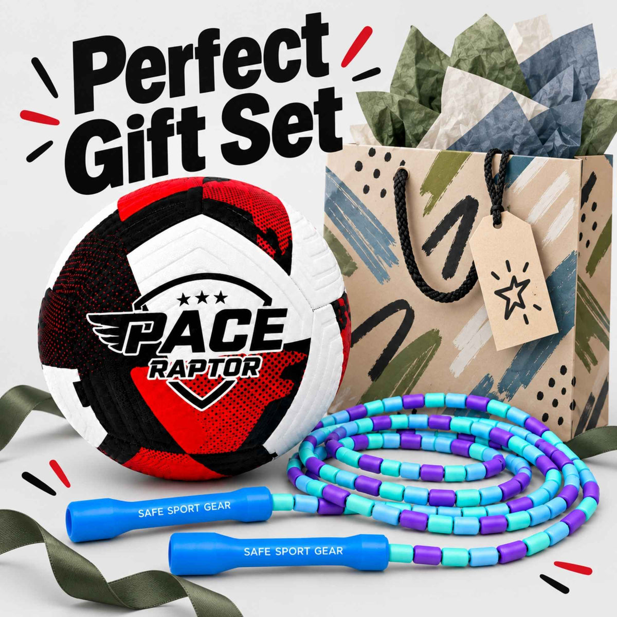 A soccer ball that is white, black, and red with the PACE Raptor logo, and the jump rope has blue handles and a blue, teal, and purple beaded cord.