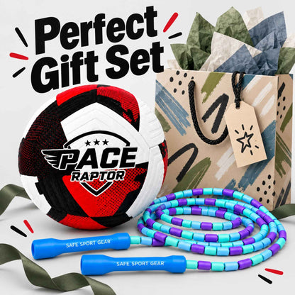 A soccer ball that is white, black, and red with the PACE Raptor logo, and the jump rope has blue handles and a blue, teal, and purple beaded cord.