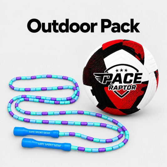 Outdoor sports pack featuring a Pace Raptor red size 4 soccer ball and an 8-foot recessed jump rope on a light gray background with text detailing the contents.