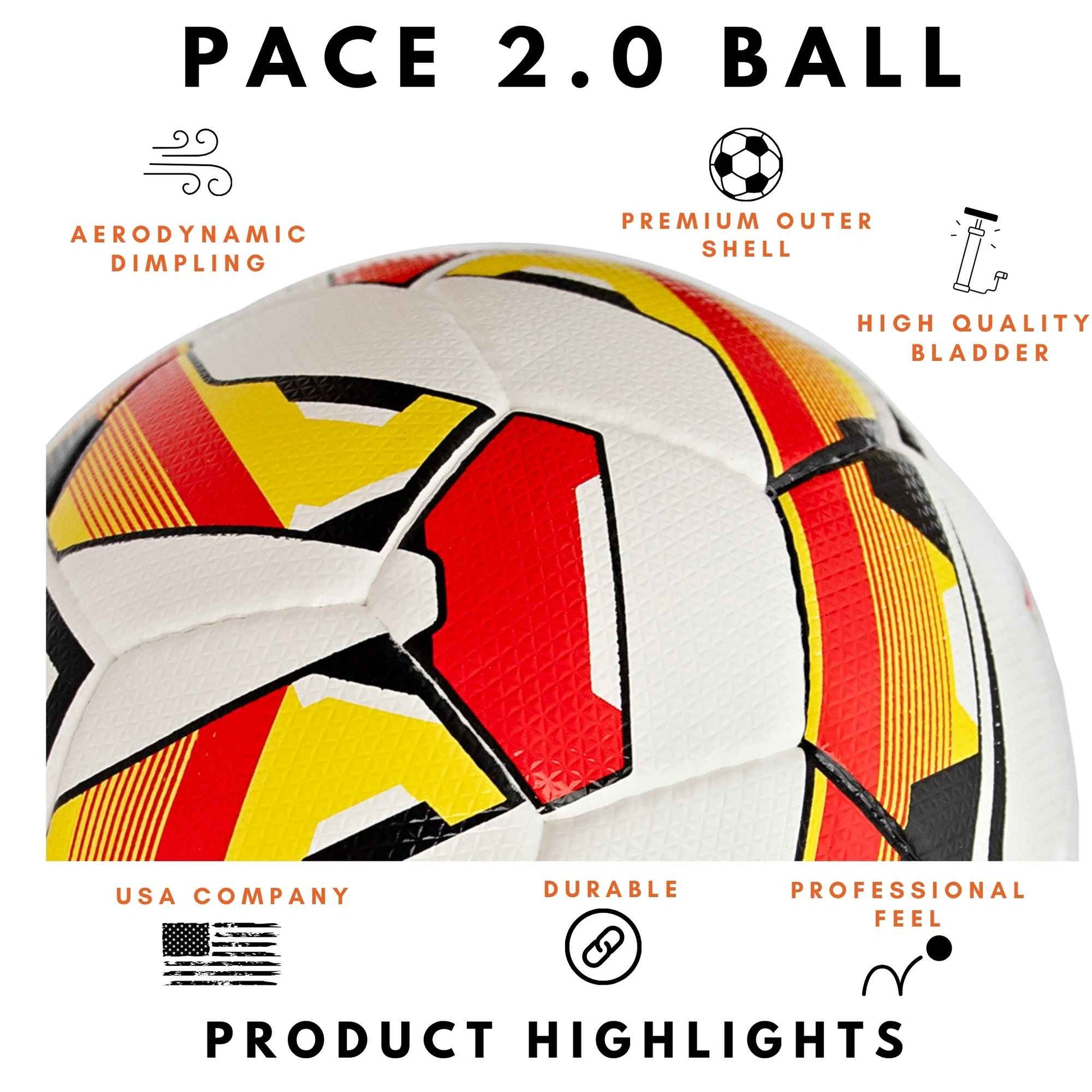 Pace 2.0 Soccer Ball with text highlighting features on a white background