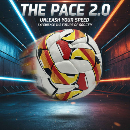 Pace 2.0 Soccer Ball with red, yellow, and white pattern on a dark background with text 'Unleash Your Speed'