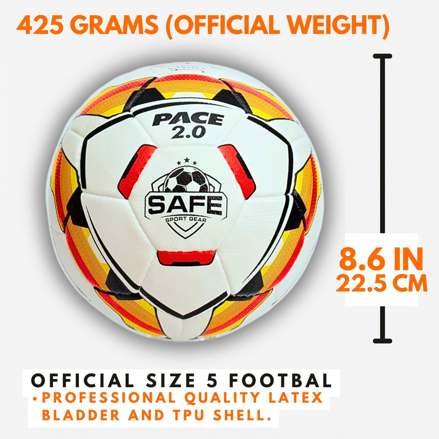 Pace 2.0 Soccer Ball with specifications including weight, size, and material on a white background