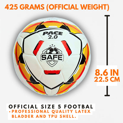 Pace 2.0 Soccer Ball with specifications including weight, size, and material on a white background