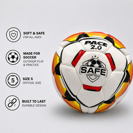 Pace 2.0 Soccer Ball with Safe Sport Gear logo on a light gray background