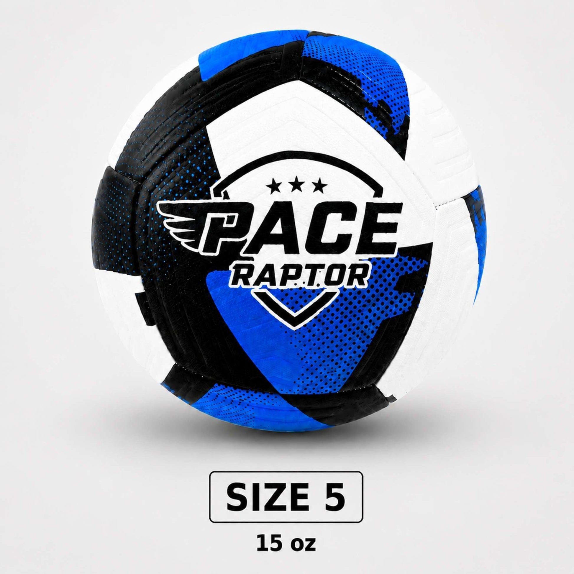 Pace Raptor Size 5 Soccer Ball - Blue with 'Pace Raptor' logo with measurements on a white background