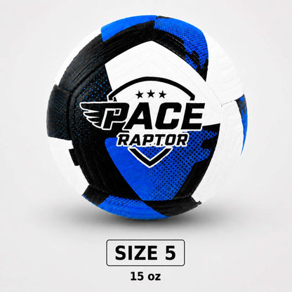 Pace Raptor Size 5 Soccer Ball - Blue with 'Pace Raptor' logo with measurements on a white background