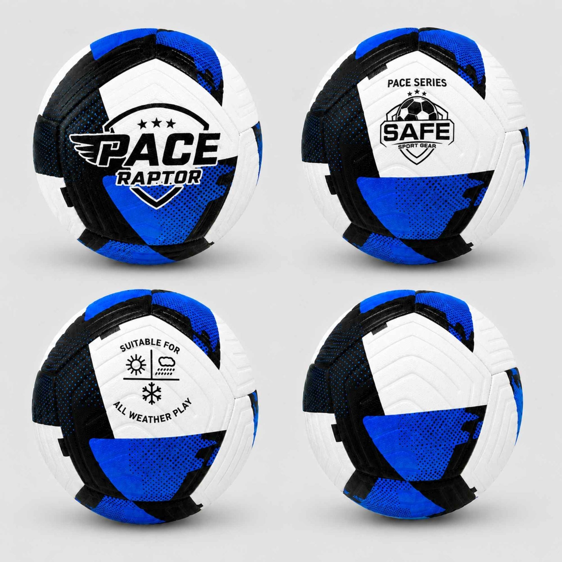 Four views of the Pace Raptor Size 5 Soccer Ball - Blue with white design on a light gray background