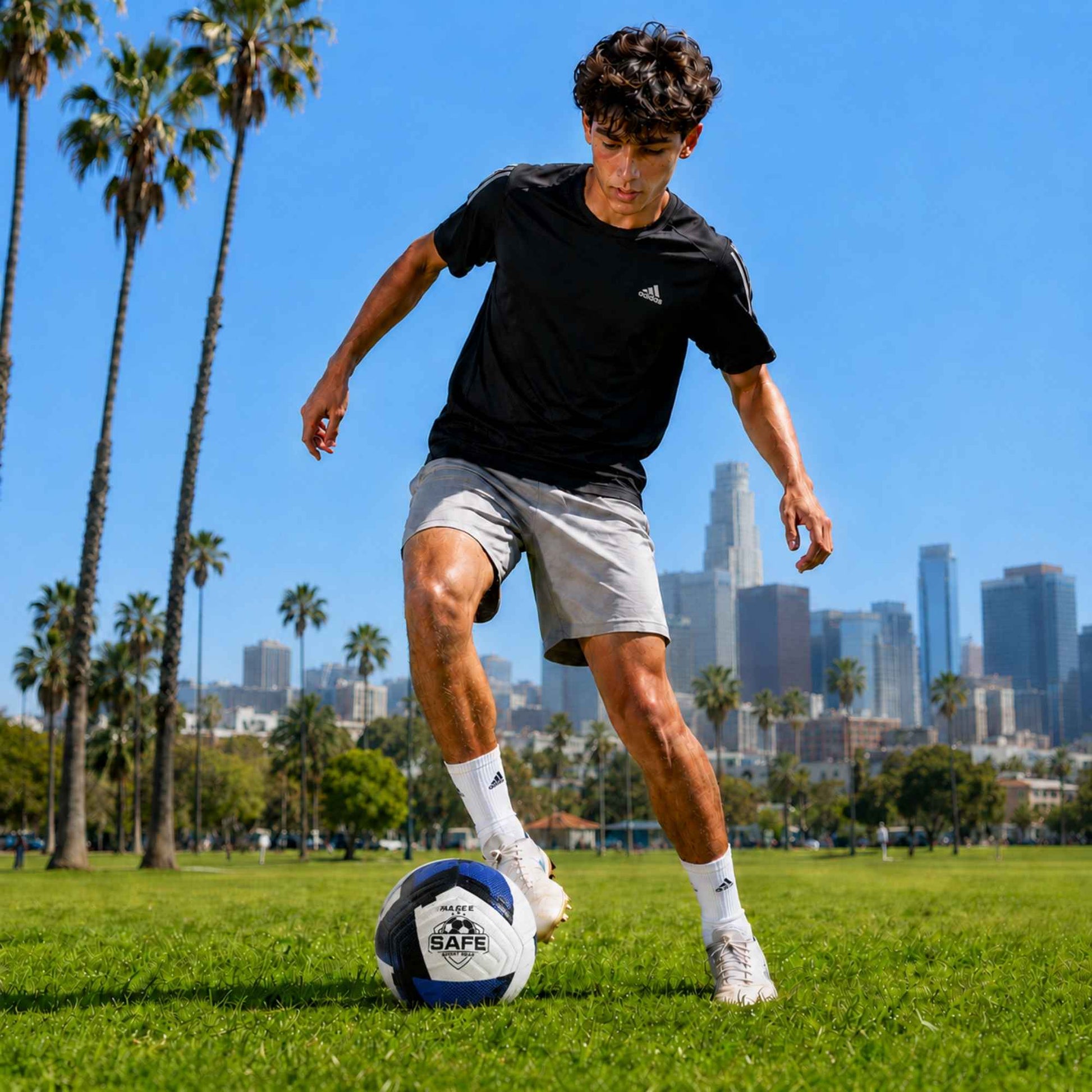 Person playing soccer with a Pace Raptor Size 5 Soccer Ball - Blue on a grassy field with palm trees and city skyline in the background
