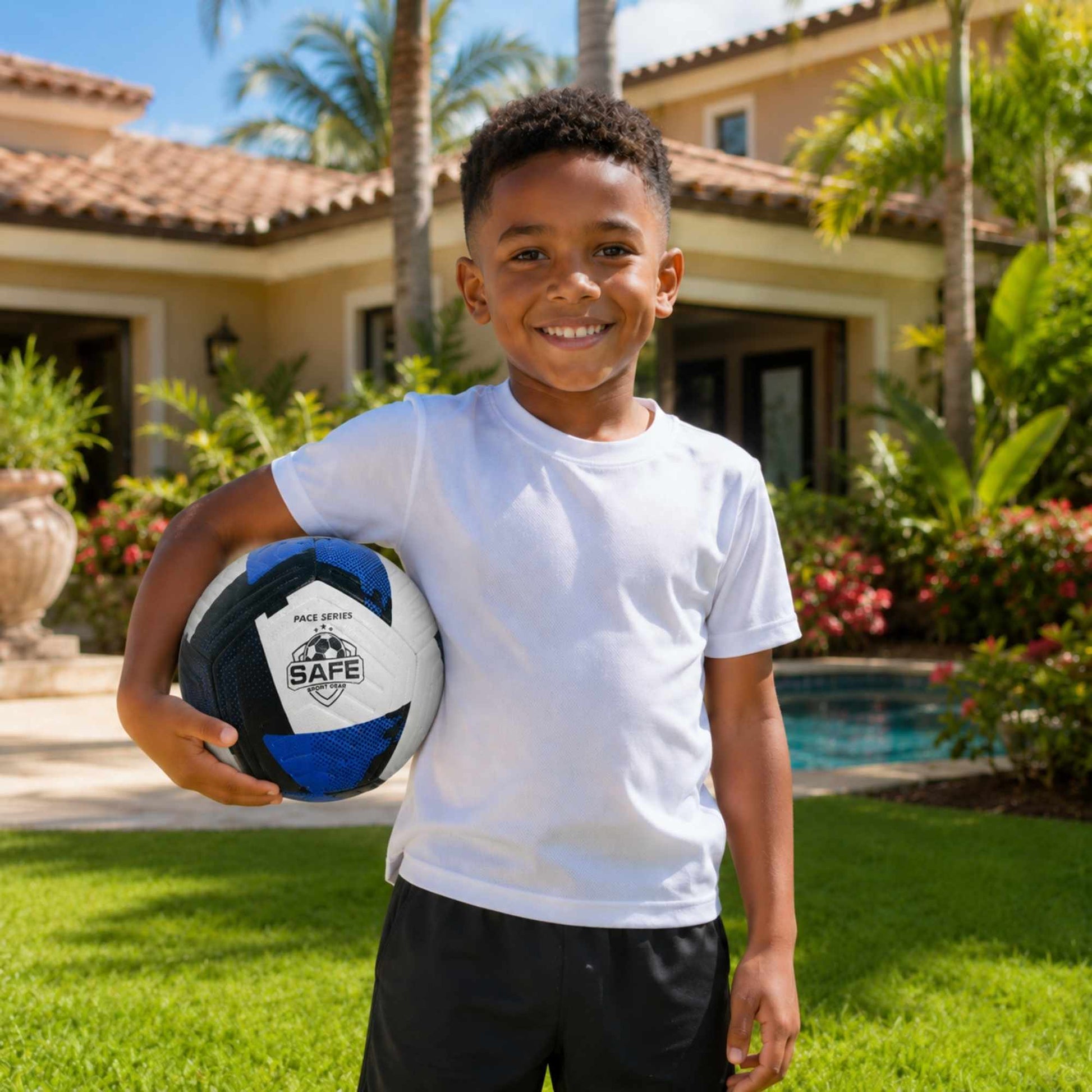 Child holding a Pace Raptor Size 5 Soccer Ball - Blue in a backyard setting