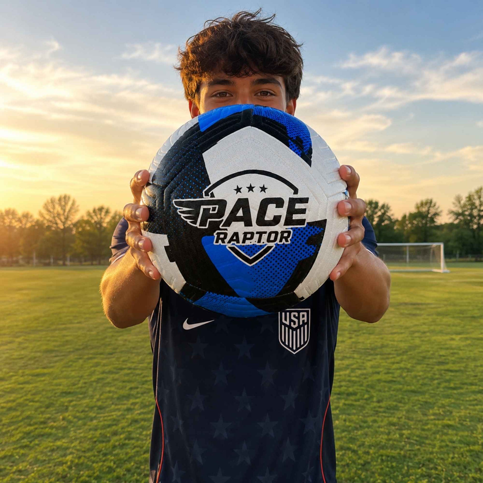Person holding a Pace Raptor Size 5 Soccer Ball - Blue on a soccer field.