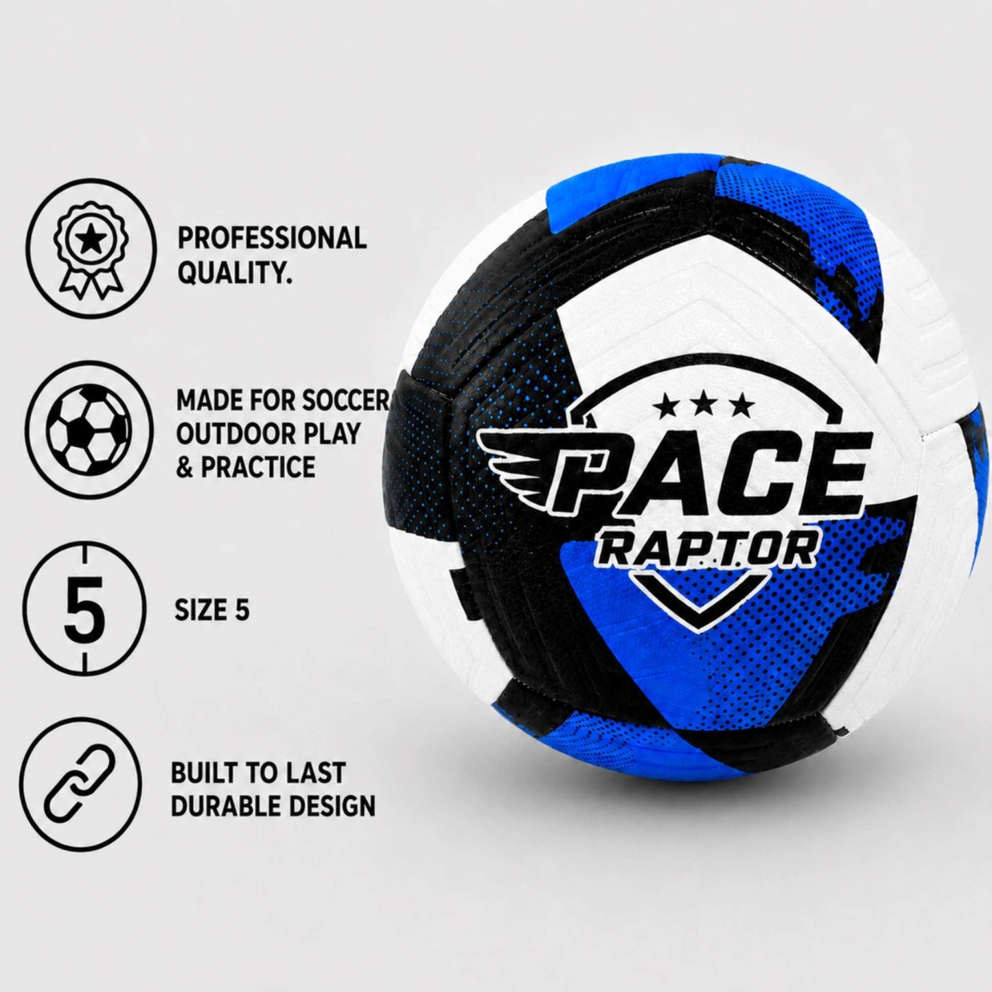 Pace Raptor Size 5 Soccer Ball - Blue with features listed on a light gray background