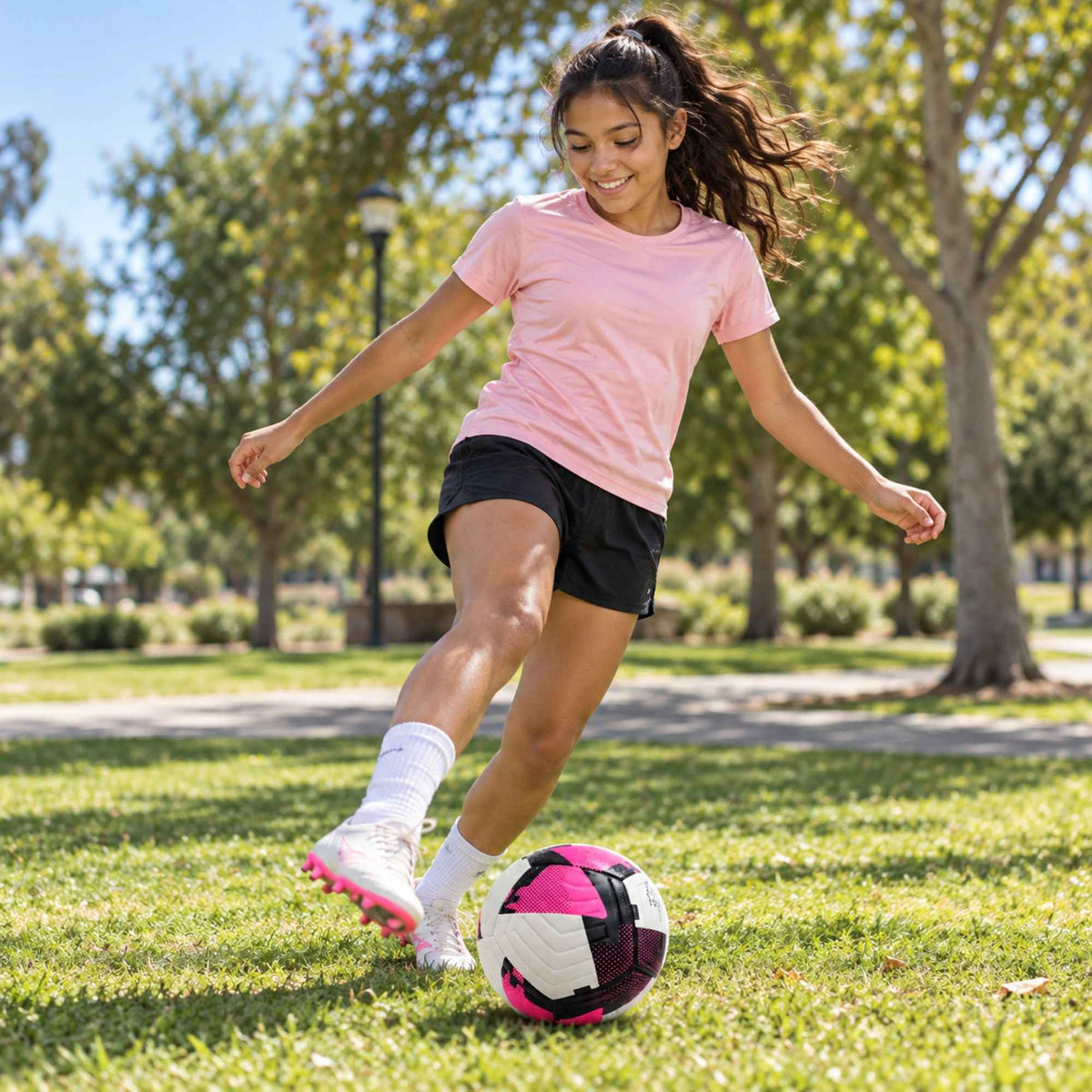A woman in a pink t-shirt and black shorts kicks a pink, white, and black pace raptor soccer ball on a sunny grassy park path.