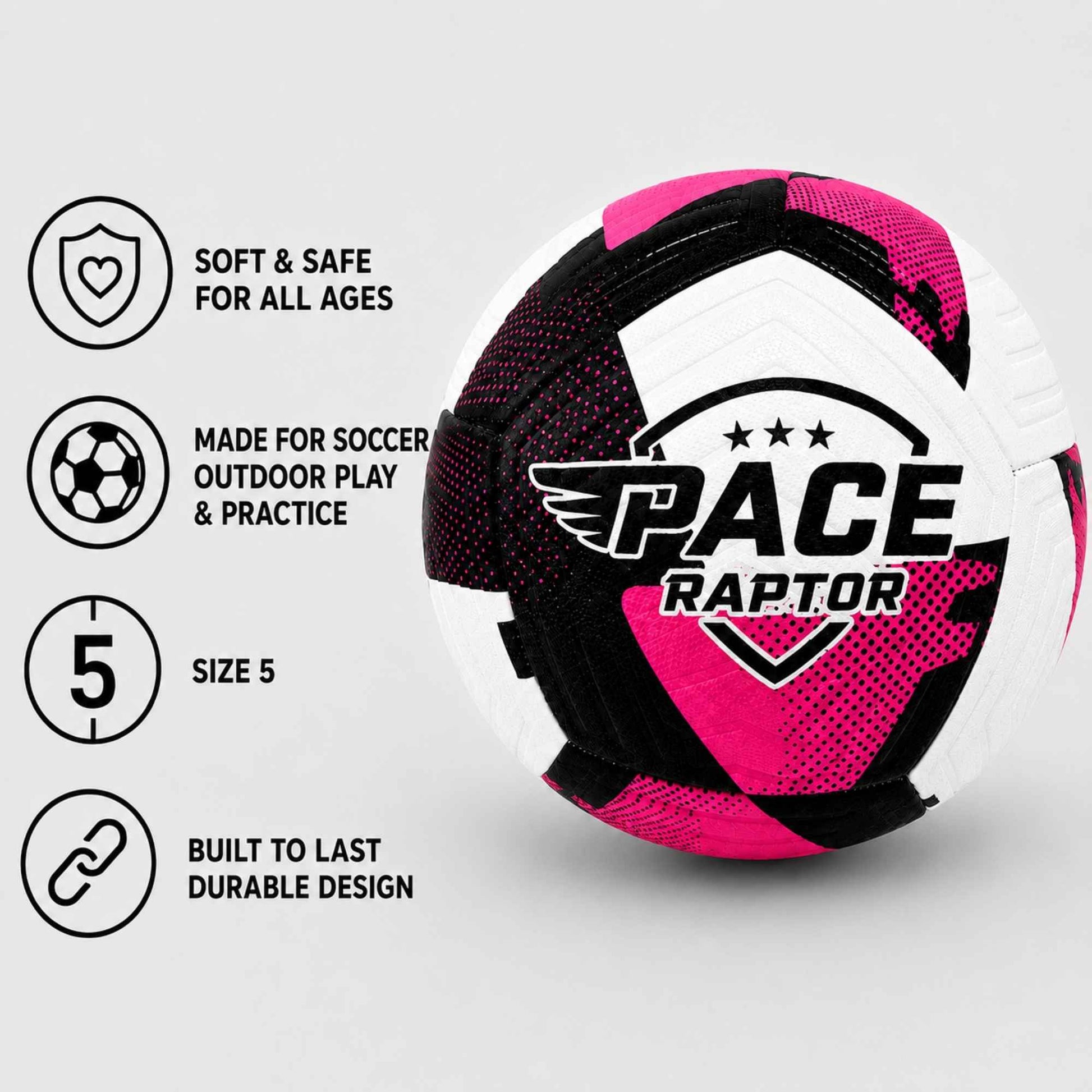 Pace Raptor Size 5 Soccer Ball - Pink with features listed on a light gray background