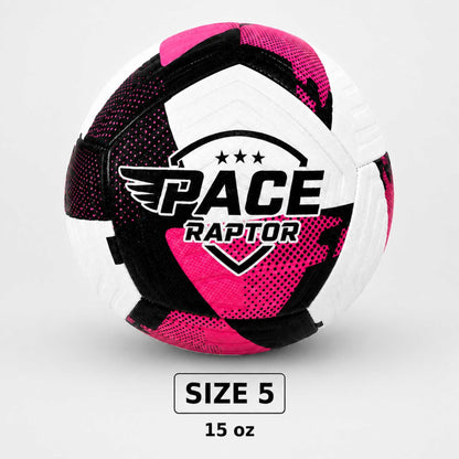 Pace Raptor Size 5 Soccer Ball - Pink with black and white design on a light gray background