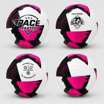 Four views of the Pace Raptor Size 5 Soccer Ball - Pink with black design on a white background