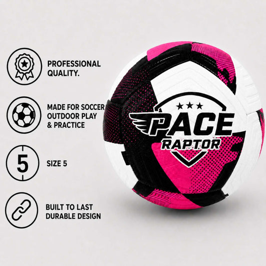 Pace Raptor Size 5 Soccer Ball - Pink with features listed on a light gray background