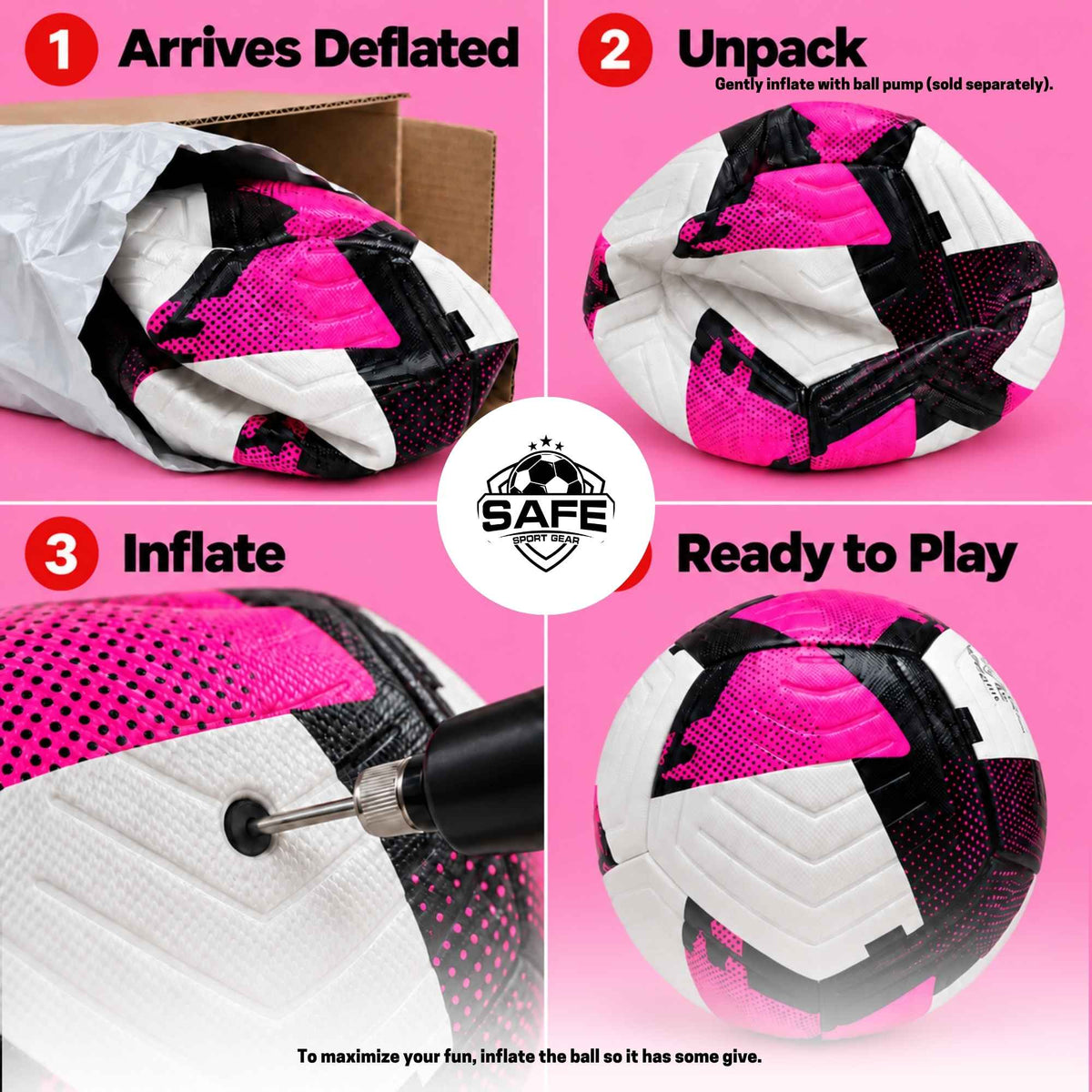 A four-panel product explainer graphic for a pink soccer ball. Step 1 shows the ball deflated inside a shipping box; Step 2 shows it unpacked and wrinkled; Step 3 shows a tool inflating the ball; Step 4 shows the fully inflated, ready for play soccer ball.