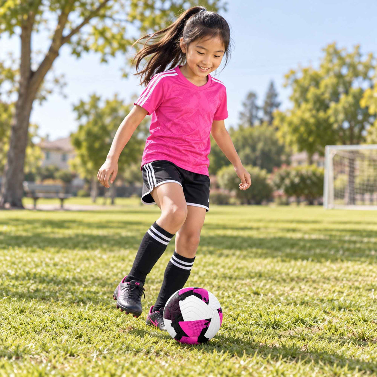 A young girl in a pink soccer jersey, black shorts, and black knee-high socks is running on a grassy soccer field, controlling a purple, white, and black soccer ball.