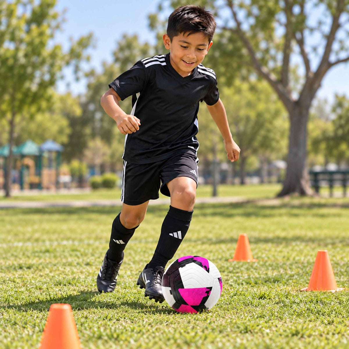 A young boy wearing a black soccer jersey, shorts, and socks dribbles a purple, white, and black soccer ball on a green grass field, with orange cones and trees in the background.