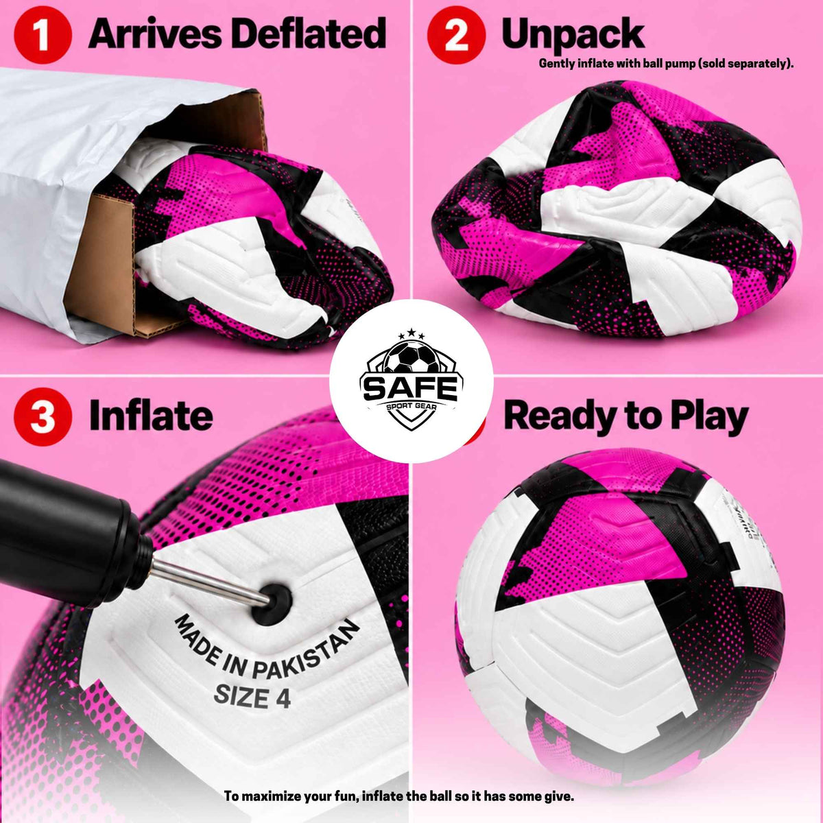 A four-panel product explainer graphic for a soccer ball. Step 1 shows the ball deflated inside a shipping pouch Step 2 shows the unpacked, deflated ball Step 3 shows an air pump inflating the ball Step 4 shows the fully inflated ball ready for play.