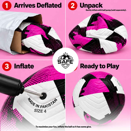 A four-panel product explainer graphic for a soccer ball. Step 1 shows the ball deflated inside a shipping pouch Step 2 shows the unpacked, deflated ball Step 3 shows an air pump inflating the ball Step 4 shows the fully inflated ball ready for play.
