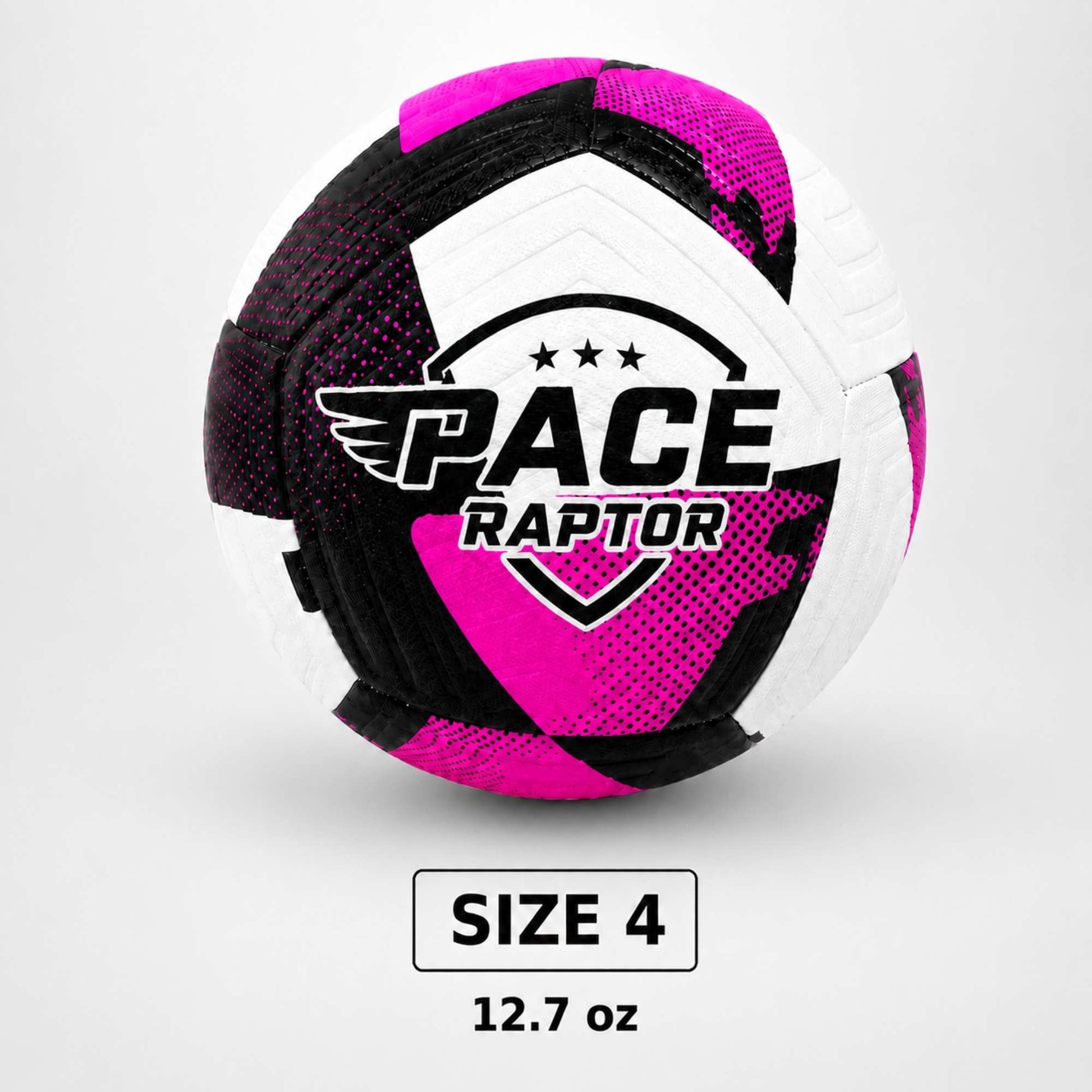 Pace Raptor Size 4 Soccer Ball - Purple with 'PACE Raptor' logo on a light gray background with measurement details
