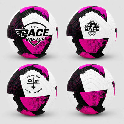 Four views of a Pace Raptor Size 4 Soccer Ball - Purple on a light gray background