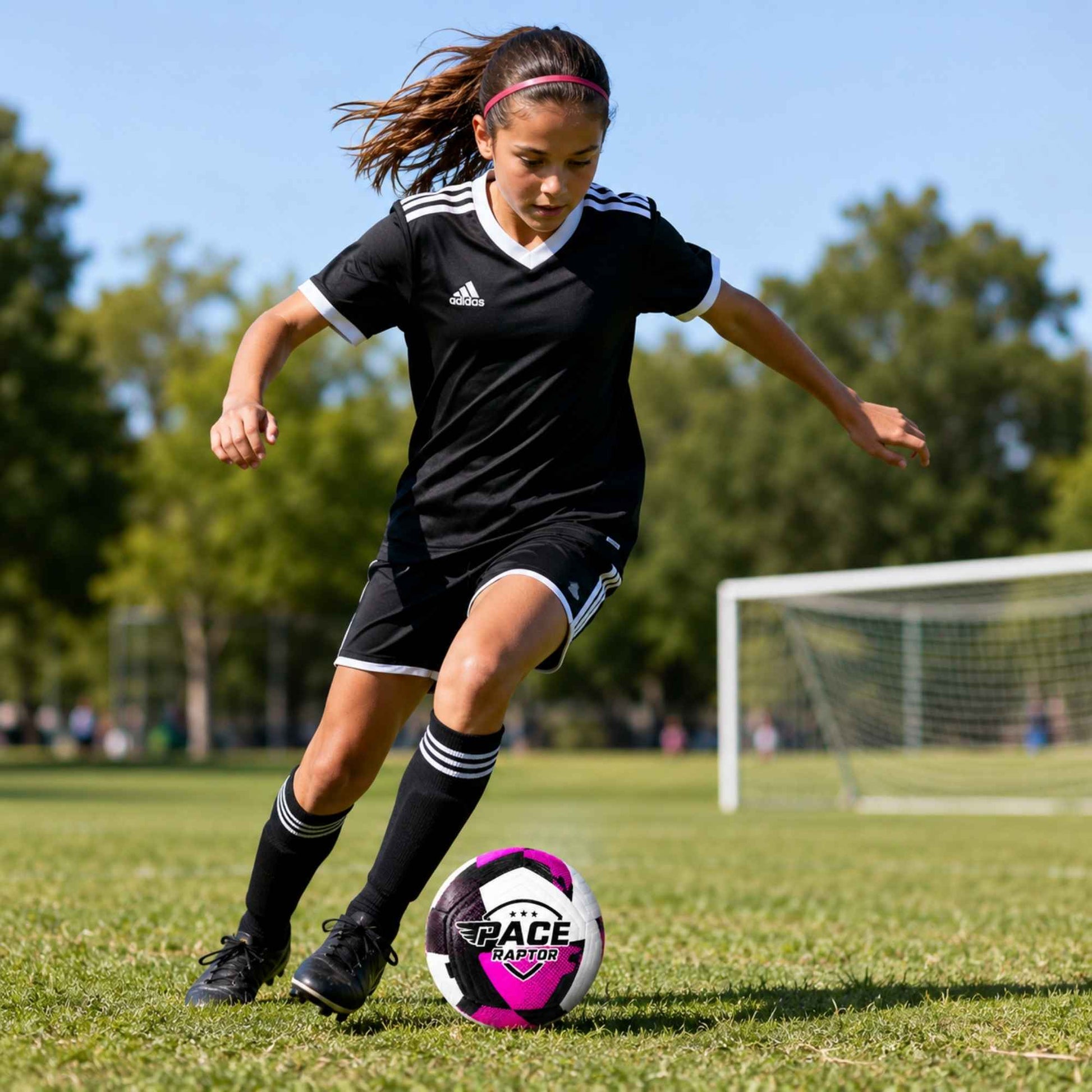 Girl playing soccer on a field with a Pace Raptor Size 4 Soccer Ball - Purple
