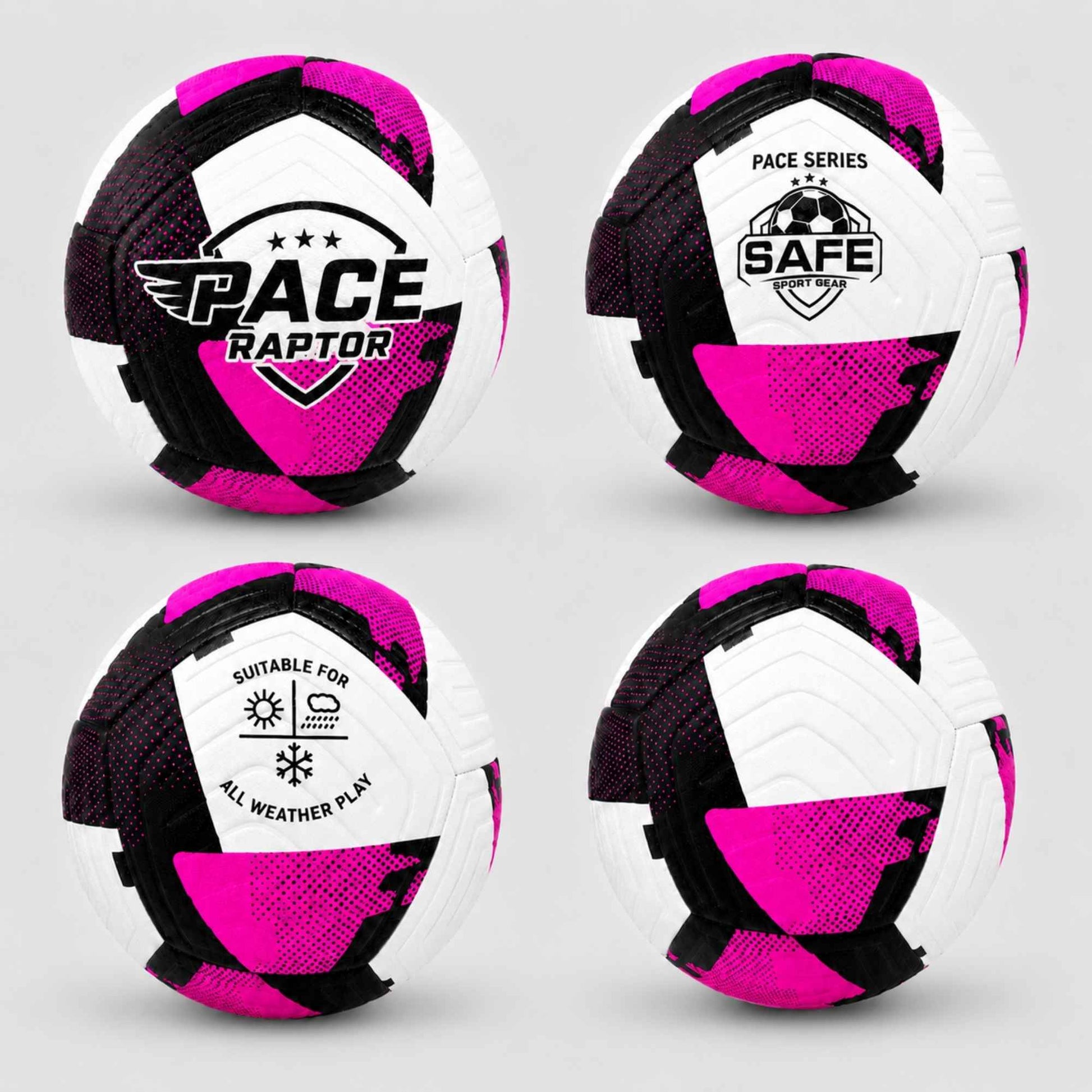 Four views of a Pace Raptor Size 4 Soccer Ball - Purple on a light gray background and Safe Sport Gear logo.