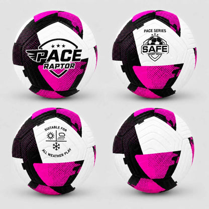 Four views of a Pace Raptor Size 4 Soccer Ball - Purple on a light gray background and Safe Sport Gear logo.