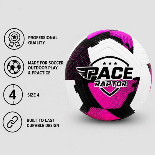Pace Raptor Size 4 Soccer Ball - Purple soccer ball with 'Pace Raptor' logo on a gray background