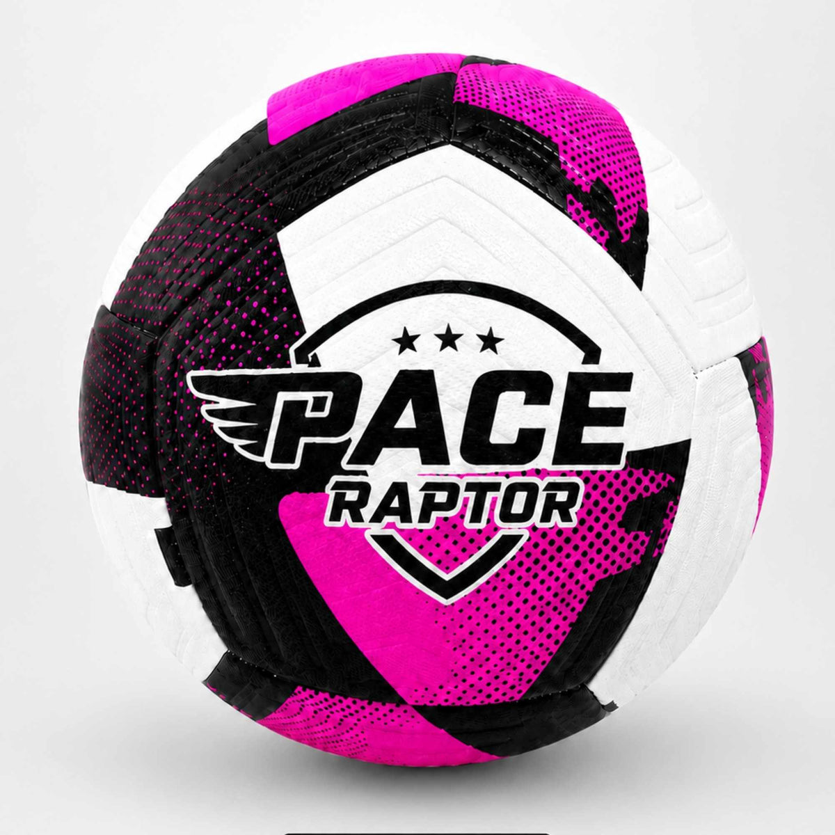 A pace raptor purple soccer ball with a white, black, and bright purple pattern, featuring the 'PACE RAPTOR' logo on the front, set against a light gray background.
