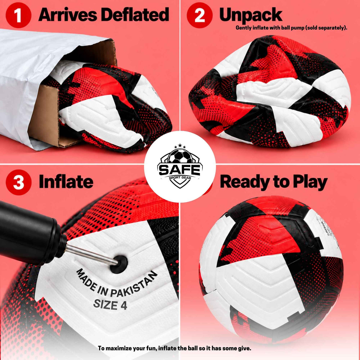 A four-panel product explainer graphic for a red soccer ball. Step 1 shows the ball deflated inside a shipping bag Step 2 shows the ball unpacked and slightly inflated Step 3 shows an air pump inflating the ball  Step 4 shows the fully inflated ball ready for play.