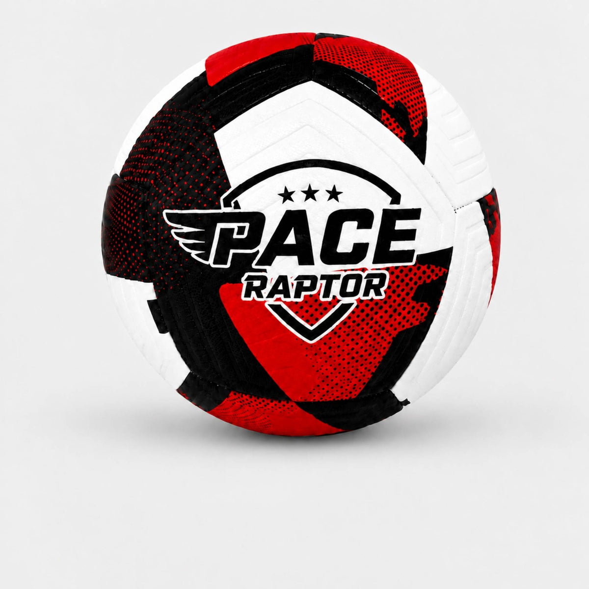 A soccer ball with a red, black, and white pattern, featuring a central logo that reads 'PACE RAPTOR' with three stars above it, set against a light gray background.