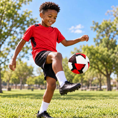 A young boy in a red and black soccer jersey and black shorts kicks a red, black, and white soccer ball on a green grass field under a blue sky with trees in the background.