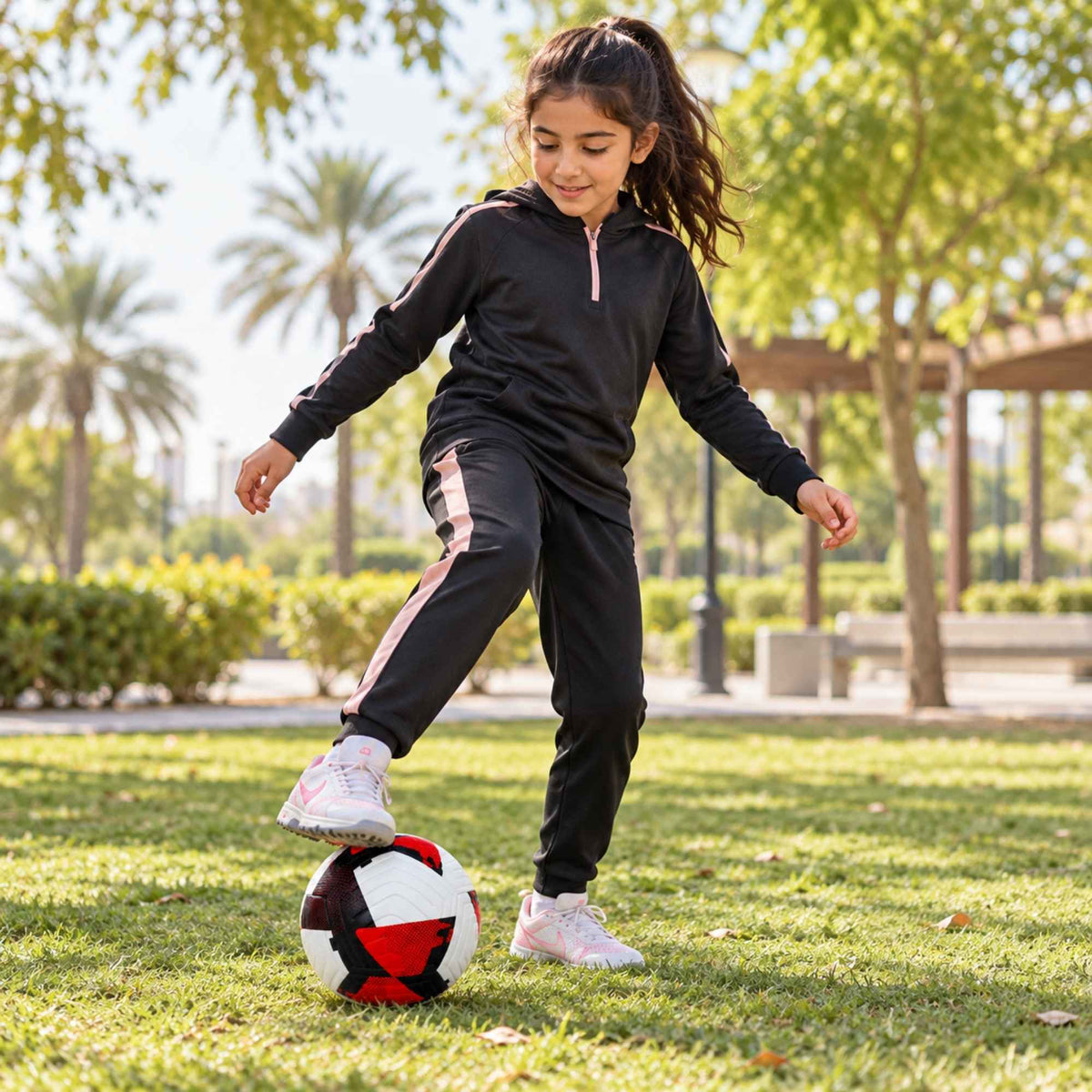 A young girl in a black athletic tracksuit with pink accents is playing with a red pace raptor soccer ball on a sunny grassy park lawn.