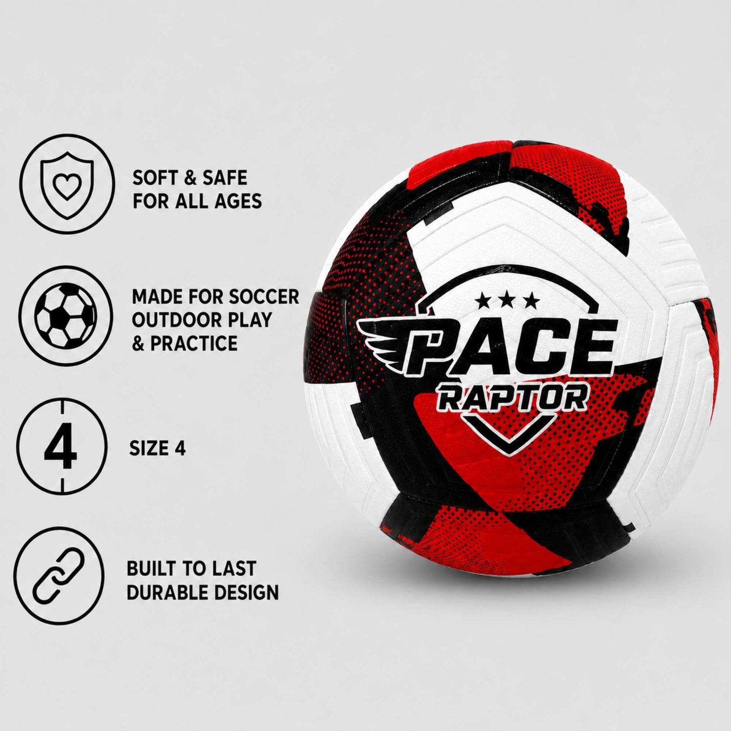 Pace Raptor Size 4 Soccer Ball - Red with white and black design on a gray background