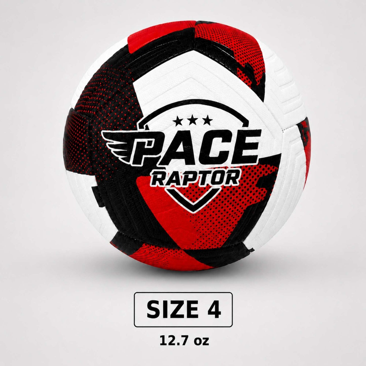 Pace Raptor Size 4 Soccer Ball - Red with 'Pace Raptor' logo with measurements on a light gray background.