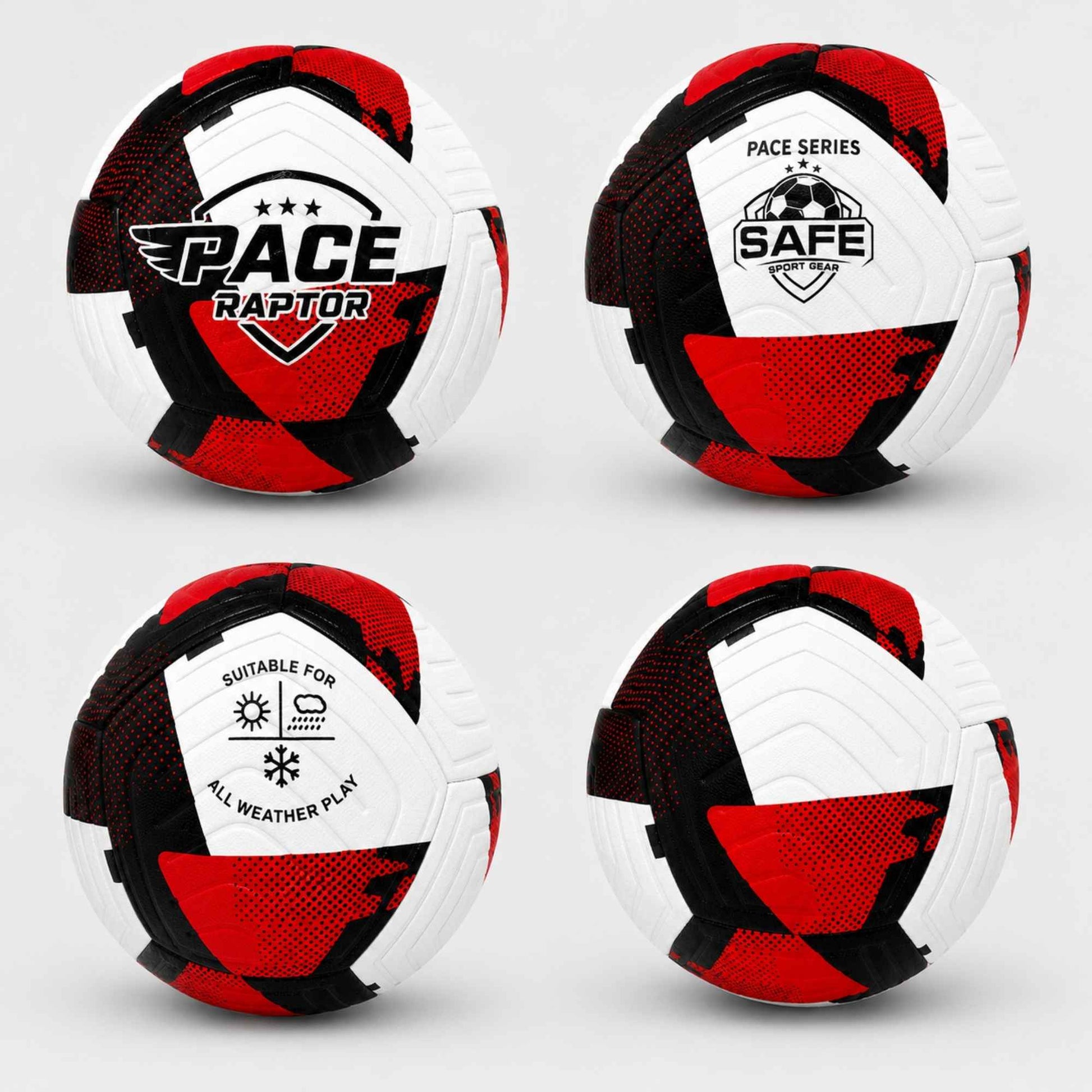 Four views of Pace Raptor Size 4 Soccer Ball - Red with Safe Sport Gear logo on a light gray background