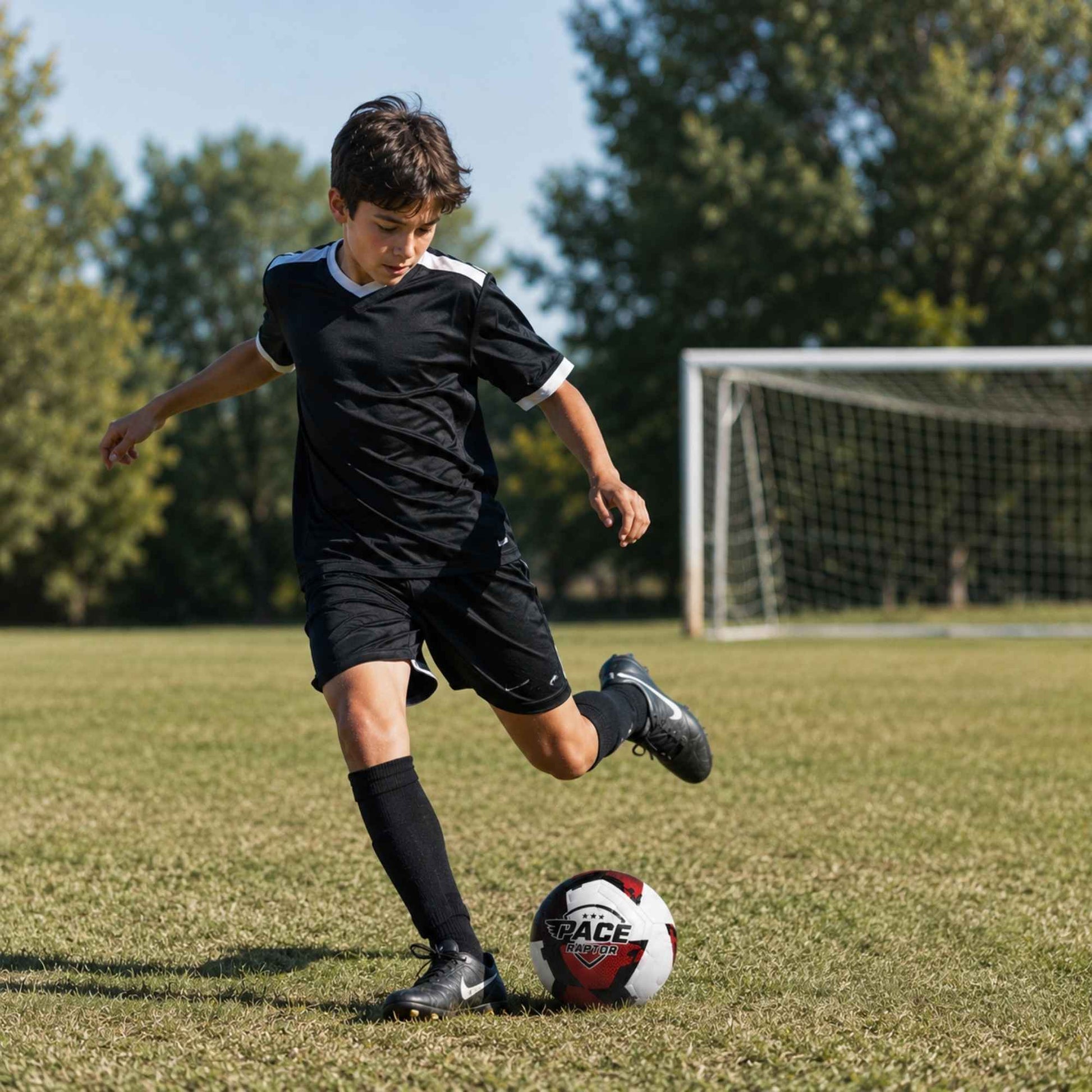 Young boy playing with a Pace Raptor Size 4 Soccer Ball - Red on a field with a goal in the background
