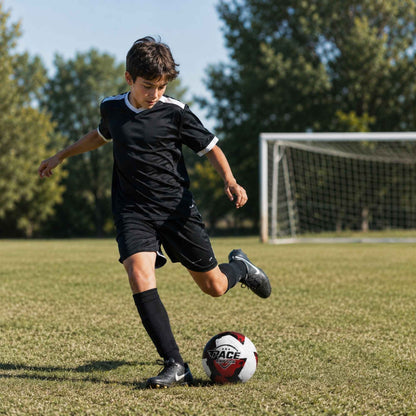 Young boy playing with a Pace Raptor Size 4 Soccer Ball - Red on a field with a goal in the background