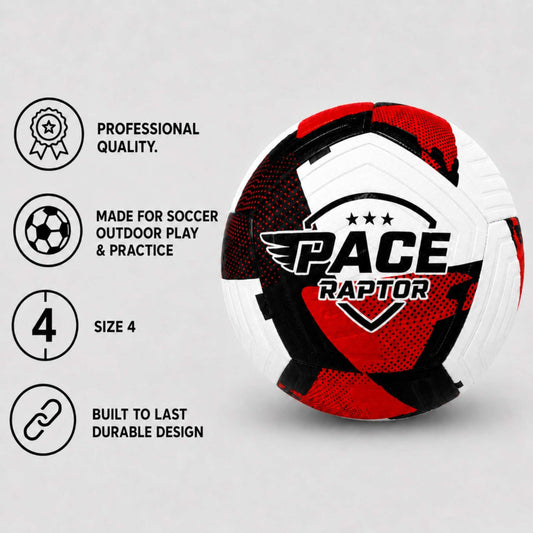 Pace Raptor Size 4 Soccer Ball - Red with white and black design on a gray background