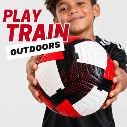 A smiling boy in a black Adidas jersey holds a red, black, and white soccer ball against a light gray background, with bold text reading 'PLAY TRAIN OUTDOORS' in the upper left.