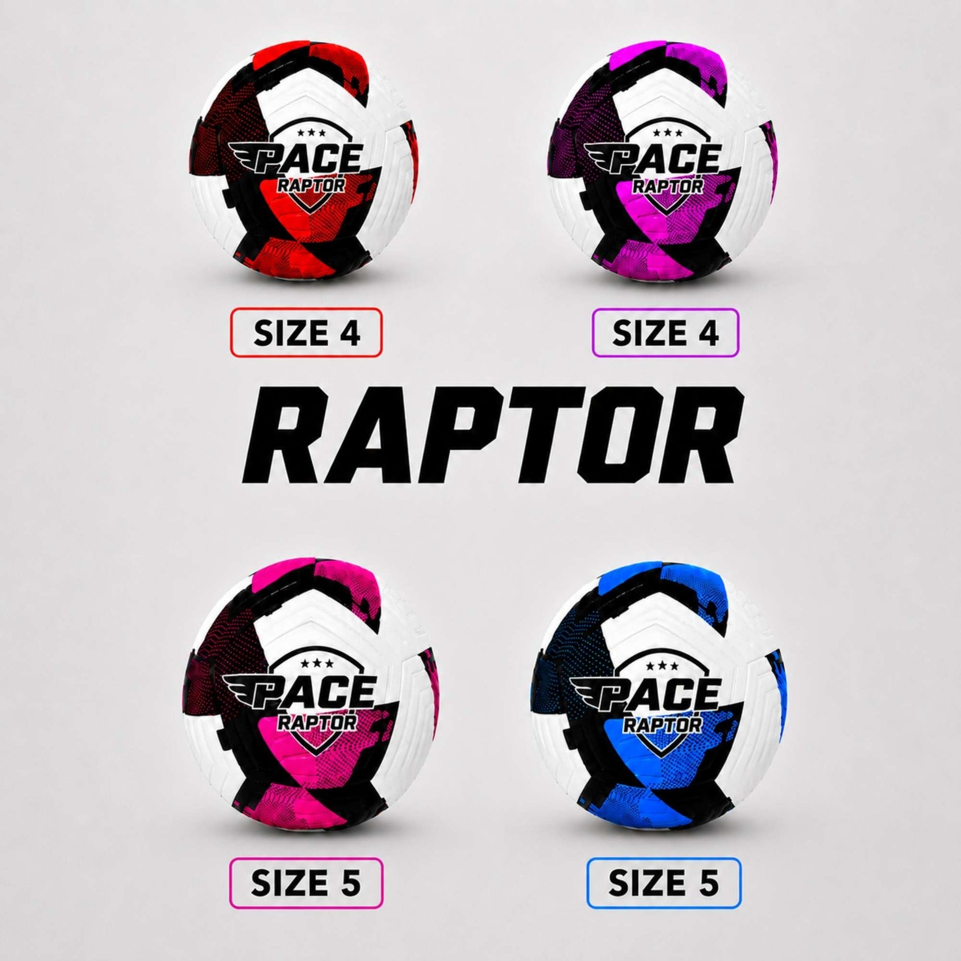 Four Pace Raptor soccer balls with 'Pace Raptor' logo and size labels on a light gray background